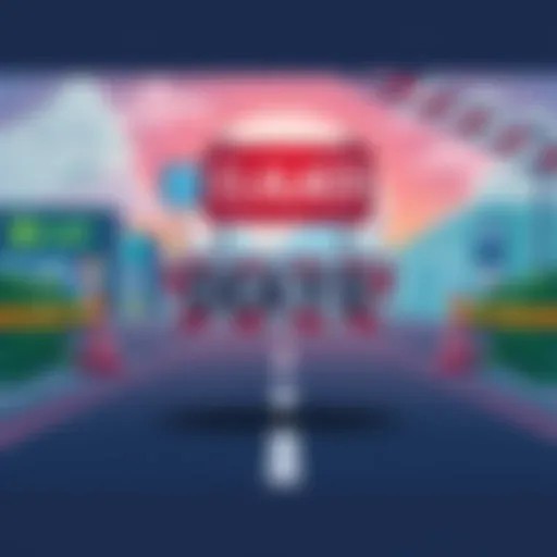 An illustration showing a roadblock symbolizing delays and uncertainty for Flexa's future with the Clarity Act, featuring merchants and growth opportunities in the background.