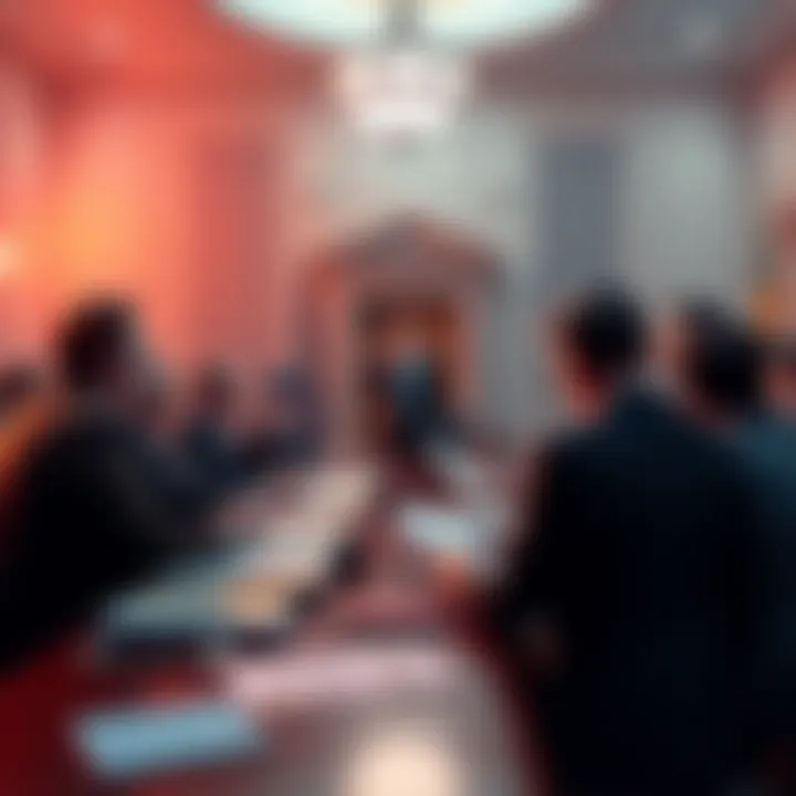 A group of lawmakers discussing the Clarity Act with charts and documents on blockchain regulation in front of them