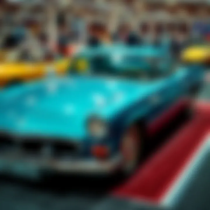 A vintage car displayed at an auction, drawing attention from buyers; its shiny exterior and unique features highlight its value.