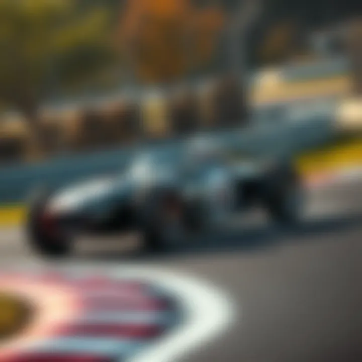 A vintage race car speeds around a racetrack, showcasing its timeless design and racing spirit.