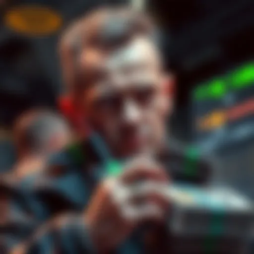 Clifton Collins, the Irish drug dealer, with a Bitcoin logo and stacks of cash, symbolizing his $400 million Bitcoin stash coming back.