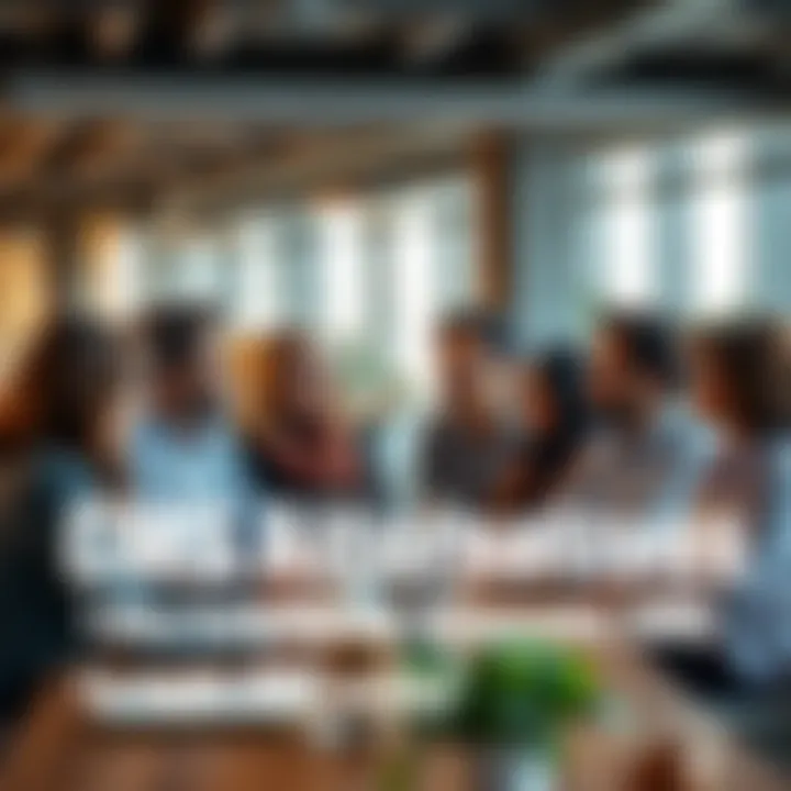 A group of diverse people discussing content management solutions in a modern office setting.