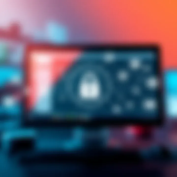 CMS Security and Usability A computer screen displaying a secure content management system interface with a lock symbol, surrounded by icons representing customization and plugins.