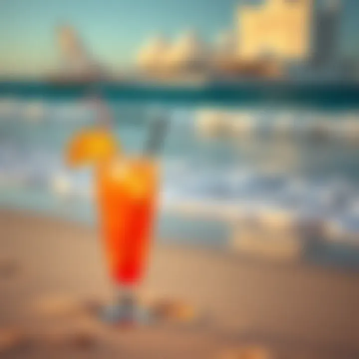 Cocktail by the beach in Cancun A refreshing cocktail placed on a sandy beach with ocean waves in the background, perfect for vacation relaxation.