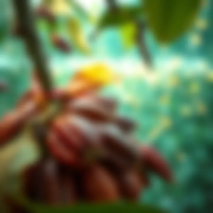 Cocoa bean supply chain Visual representation of cocoa beans being tracked through a blockchain network, showcasing farmers, processors, and consumers in a sustainable supply chain.