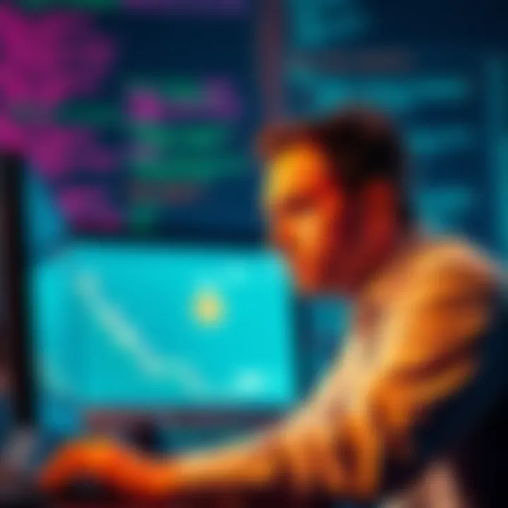 Code error causing bitcoin loss A frustrated person looking at a computer screen showing a bitcoin wallet with a zero balance, highlighting the impact of a code error on their finances.