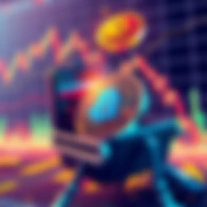 Illustration depicting a digital coin being dropped from a portfolio with market graphs in the background