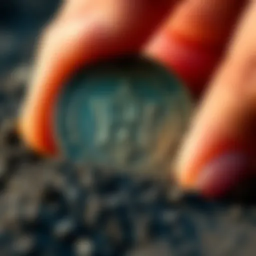 Coin found by Thai resident A close-up of an ancient coin discovered underground in Thailand, resting on soil with a hand holding it