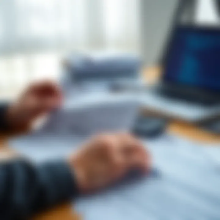 A person reviewing tax documents related to Coinbase 1099-DA, with a calculator and laptop on a desk