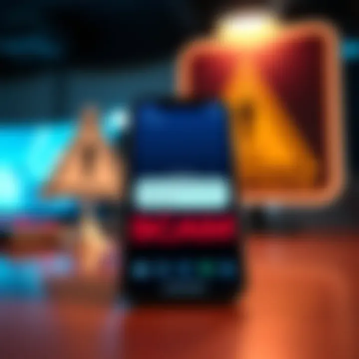 A smartphone displaying a text message that appears to be a scam, with a warning sign in the background.
