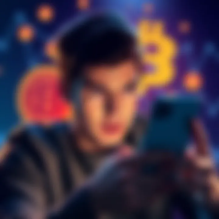 A visual representation of social engineering scams affecting Coinbase users, depicting a worried person looking at their phone with crypto symbols in the background.