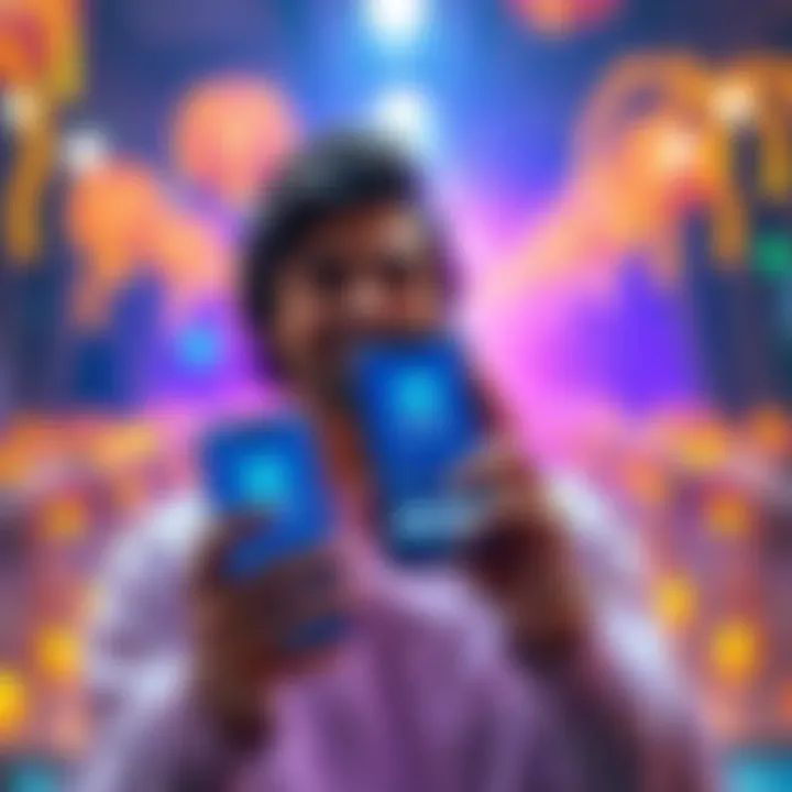 A cheerful user holding a smartphone showcasing the Coinbase app with a vibrant background