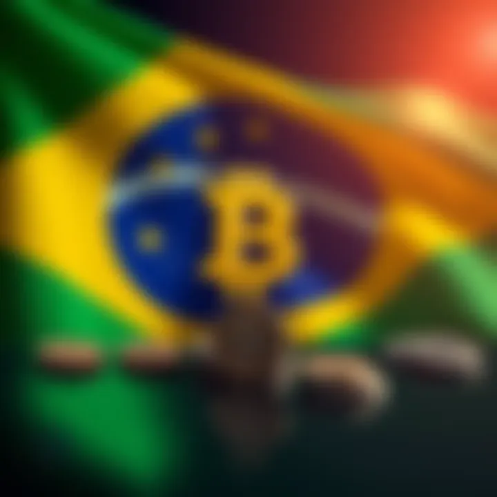 Coinbase logo depicted alongside Brazilian flag and symbols representing cryptocurrency regulations