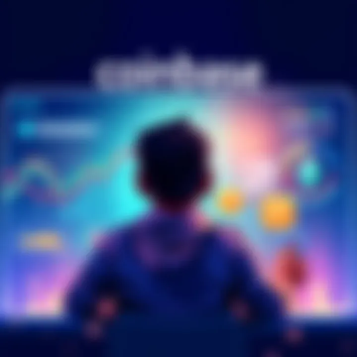 Illustration of a person accessing a loan on Coinbase using staked ether, with financial graphics in the background.