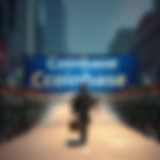 A military parade with people in uniform marching, featuring a large Coinbase banner prominently displayed
