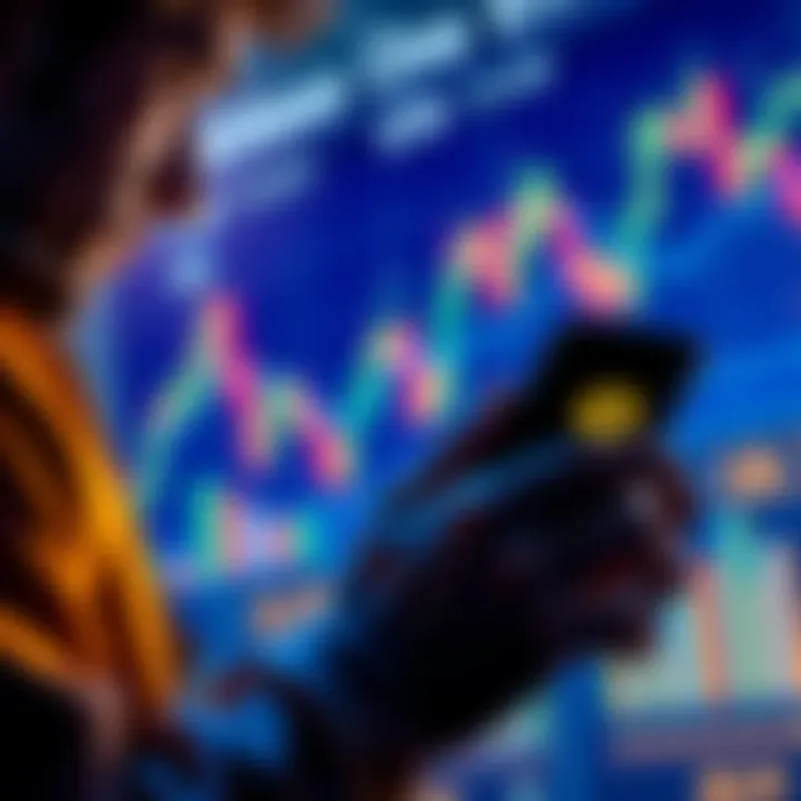 A person checking their phone for Coinbase One updates, considering free ETH recurring buys, with cryptocurrency charts in the background.