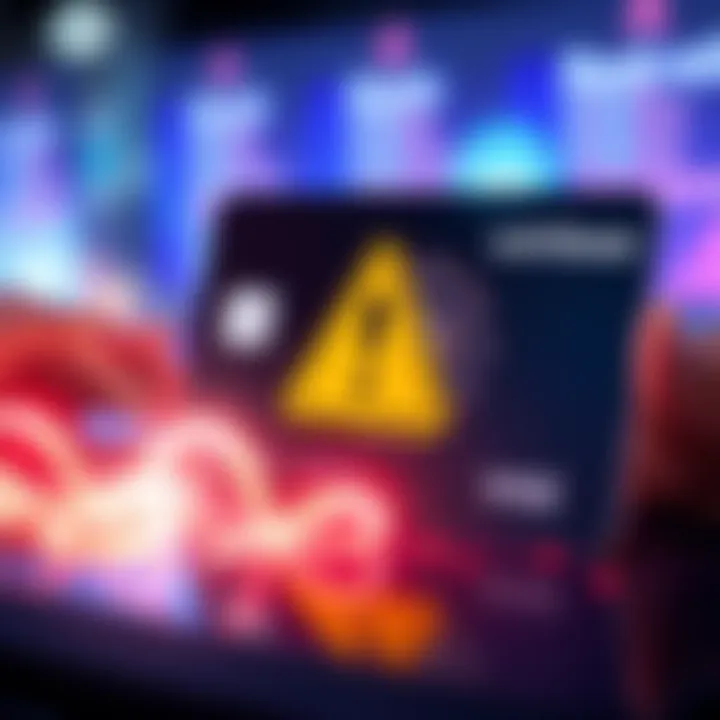 A warning graphic showing a warning symbol and a visual of a credit card with scam alerts