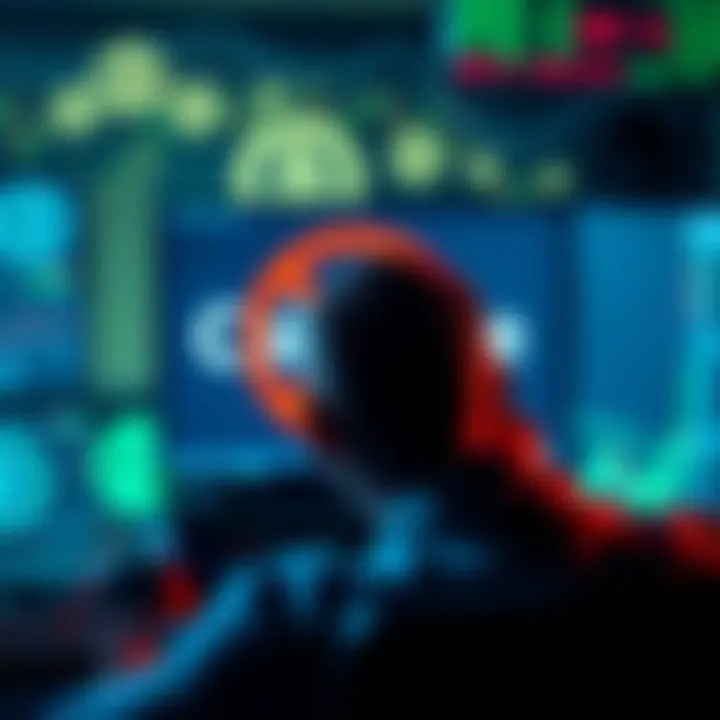 A graphic showing a frustrated trader looking at a computer screen displaying a blocked Coinbase logo, with crypto coins in the background