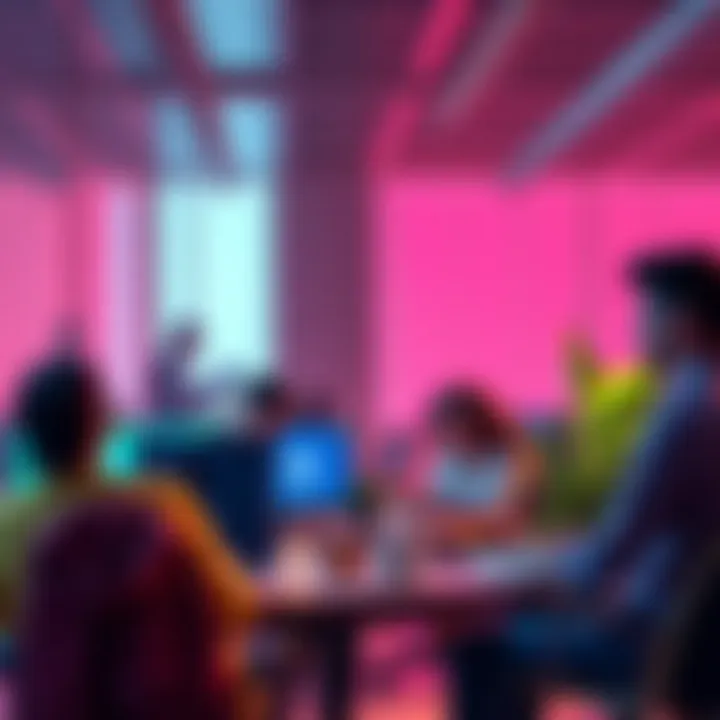 A Coinbase office scene showing employees discussing changes after layoffs, with a focus on a new AI strategy