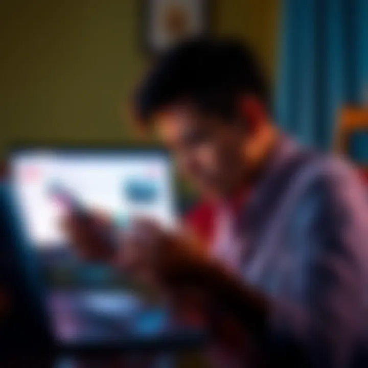 A person looks stressed while using a phone and laptop, trying to recover a lost Coinbase wallet recovery phrase. Visible is their Google Drive screen showing an empty folder and a blurred screenshot.