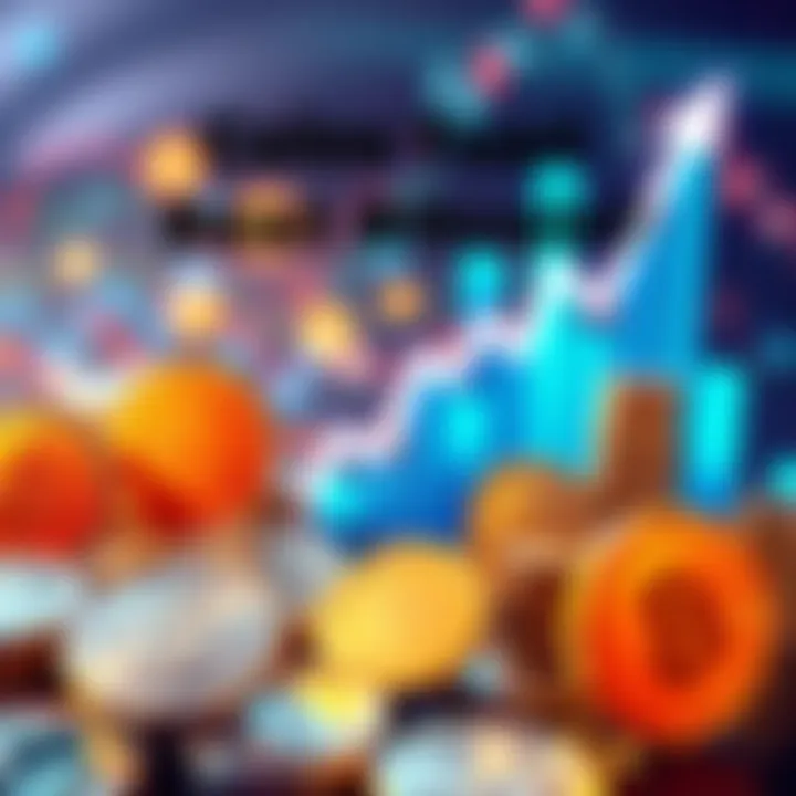 Various cryptocurrency coins represented with rising graphs and dollar signs, symbolizing potential growth
