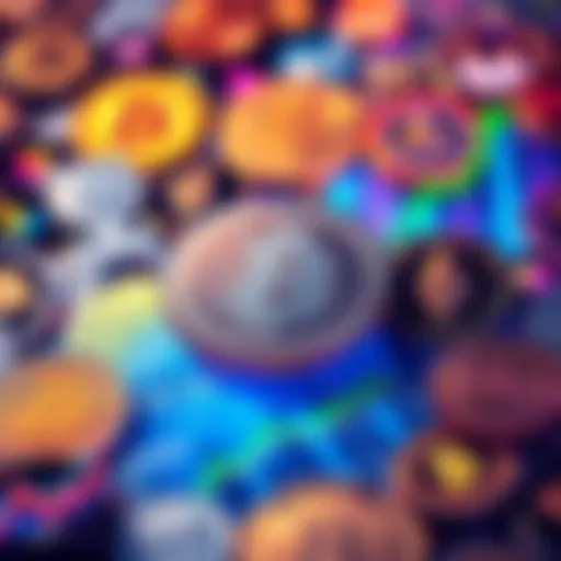 A visual of popular cryptocurrencies like BTC, ETH, and other rising coins showcasing their logos and growth charts.