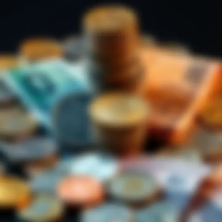 A variety of coins and banknotes displayed together to represent different forms of money.
