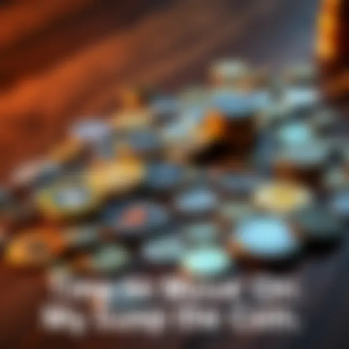Coins on a table A selection of various cryptocurrency coins scattered on a wooden table, symbolizing investment choices.