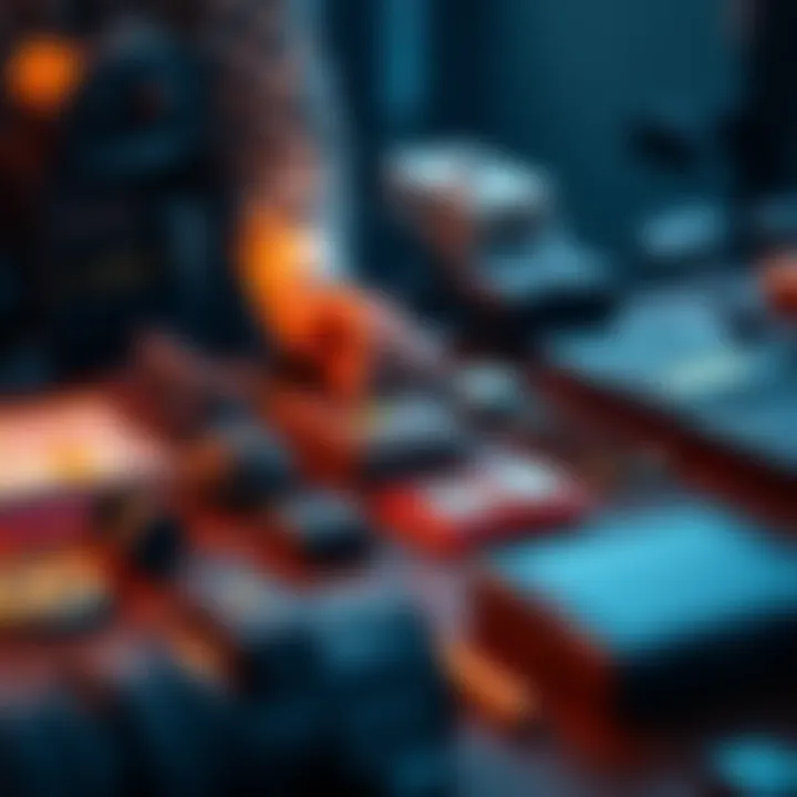 A person organizing crypto hardware wallets and encryption tools on a table, focusing on security measures for digital assets.