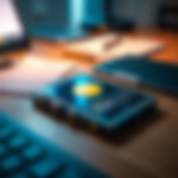 Close-up of a ColdCard hardware wallet with a screen showing Bitcoin security features, placed on a wooden desk with a blurred background of a laptop and notes.