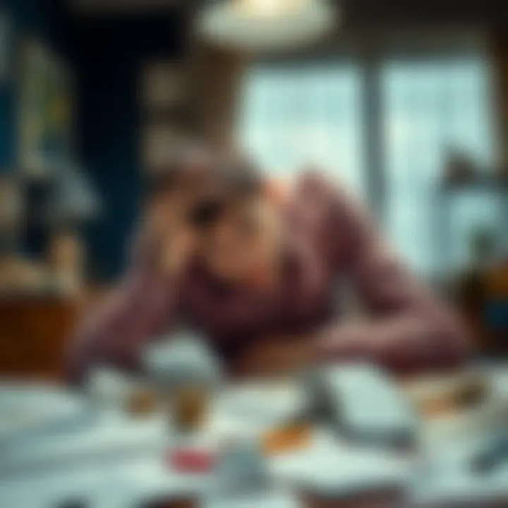 A stressed person sitting at a table with bills and papers scattered, looking worried and uncertain about their financial future.
