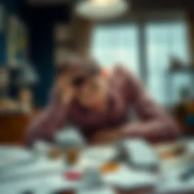 Collapsed financial opportunity A stressed person sitting at a table with bills and papers scattered, looking worried and uncertain about their financial future.