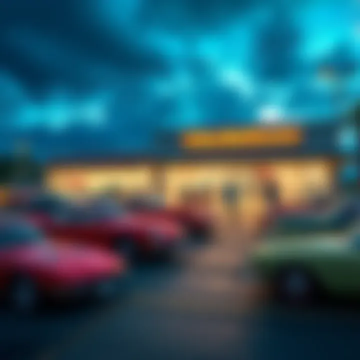 A view of the CollectibleClassics car dealership showcasing various classic cars for sale, with people browsing the lot.