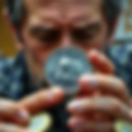 A person examines a bear-design toonie with a questioning expression, surrounded by other coins