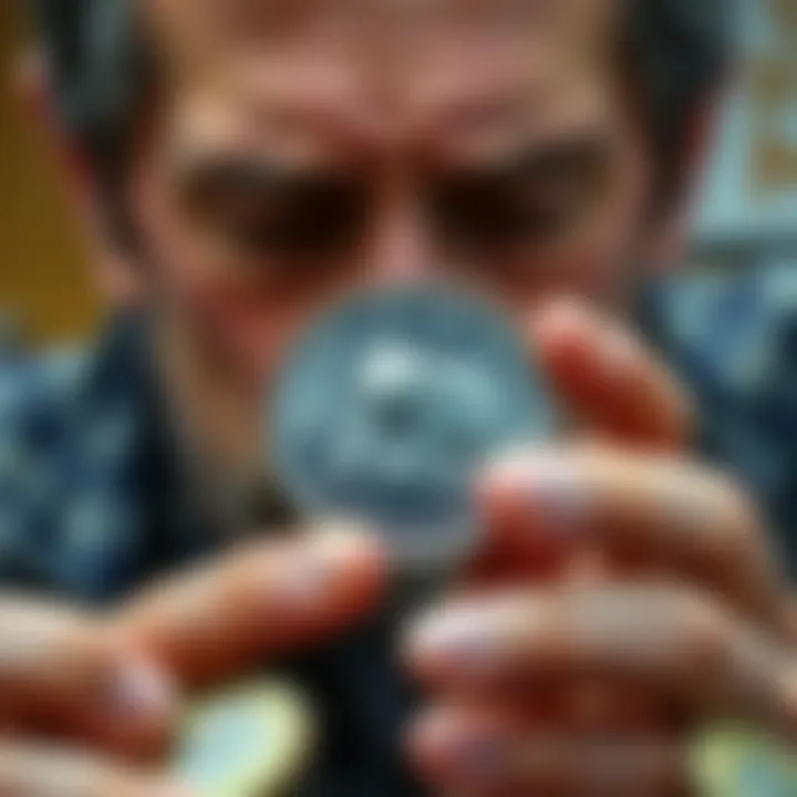 A person examines a bear-design toonie with a questioning expression, surrounded by other coins