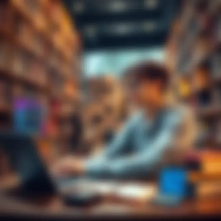 A college student sitting in a library, looking at a laptop displaying cryptocurrency prices, with textbooks and a calculator beside them.