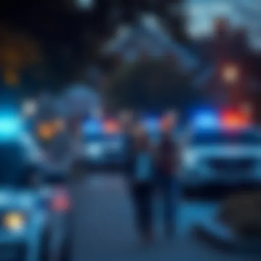 College campus with police presence Scene of a college campus showing police cars parked nearby, with students walking and looking concerned about safety issues.