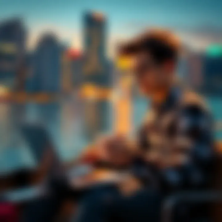 A college student analyzing stock trends with a laptop and coffee, representing the search for investment opportunities.