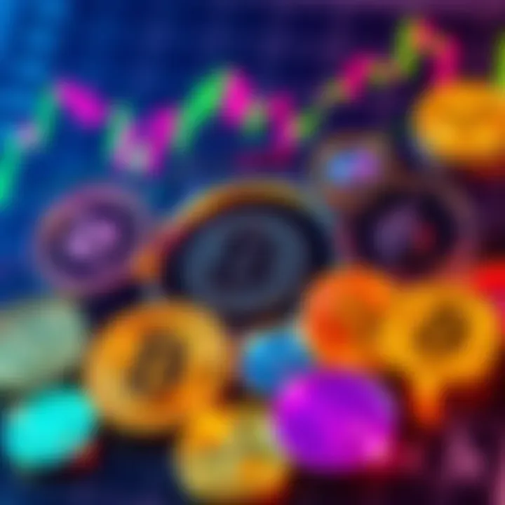 A collection of colorful altcoin symbols representing different cryptocurrencies on a financial chart background.