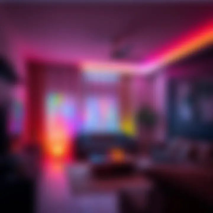 A cozy living room featuring colorful ambient lights that create a warm atmosphere