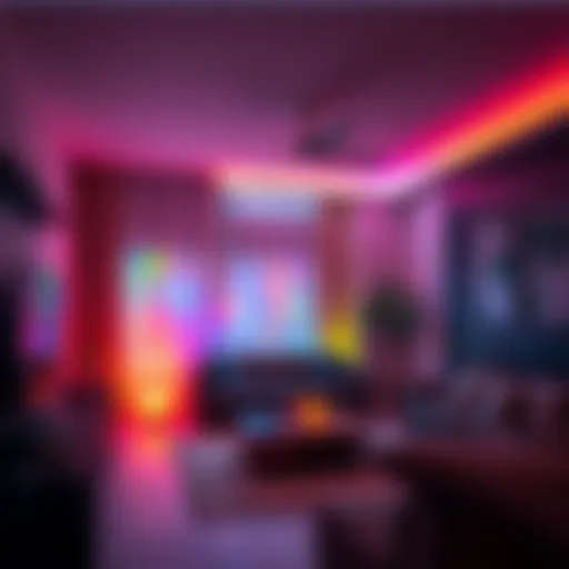 Colorful ambient lights in a modern living room A cozy living room featuring colorful ambient lights that create a warm atmosphere