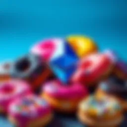 A variety of colorful donuts arranged with the Ethereum logo prominently displayed, symbolizing cultural trends in May and June.