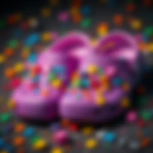 A pair of Crocs decorated with various colorful Jibbitz, showcasing unique designs and styles, perfect for personalizing footwear.