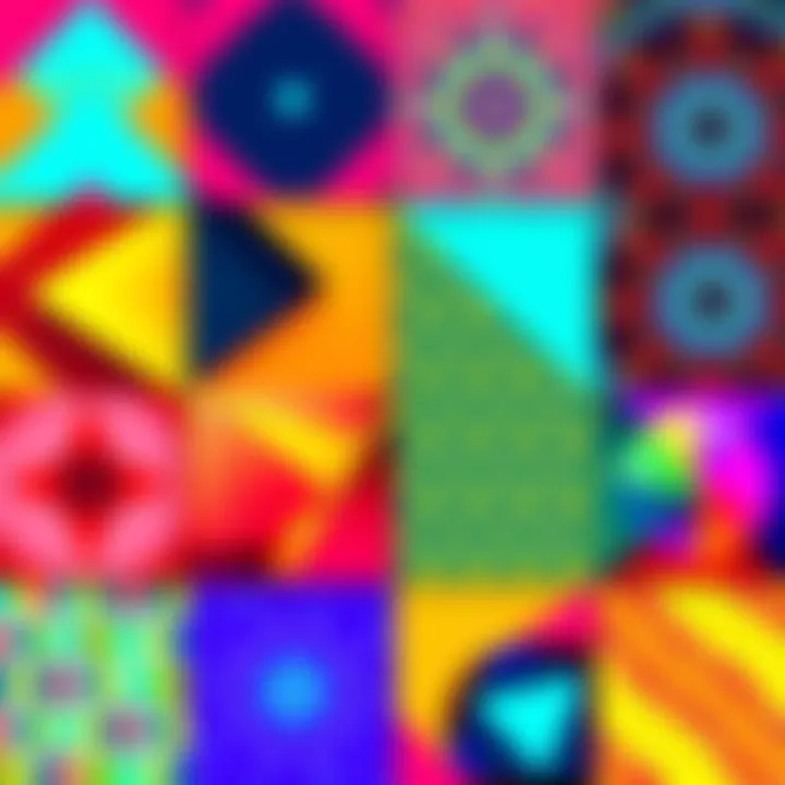 A variety of colorful geometric patterns in modern design, showcasing vibrant shapes and textures