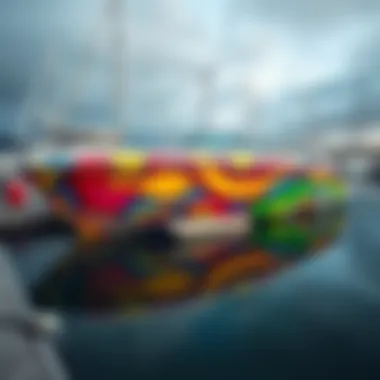 Colorful boat wrap from 2020 A boat with a vibrant wrap design docked at a marina, showcasing bold colors and patterns popular in 2020.