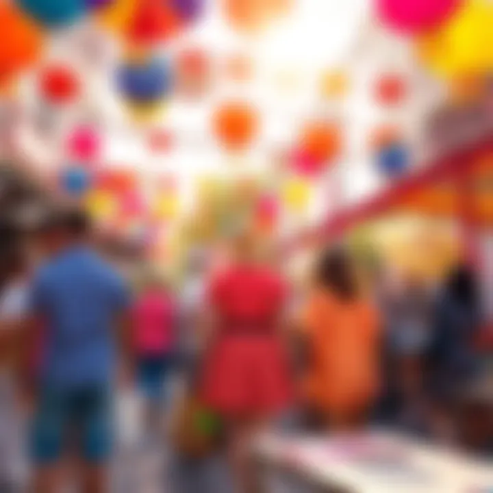 A bright scene featuring people enjoying a sunny day, wearing outfits decorated with cheerful polka dots, surrounded by colorful decorations and sunshine.