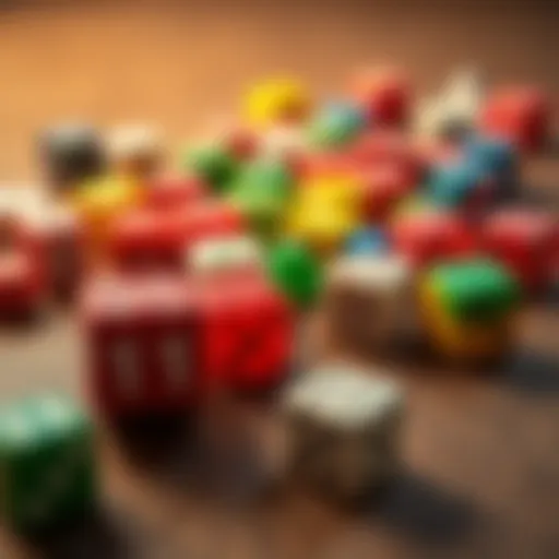 A close-up view of various colorful dice scattered on a wooden table, highlighting their shapes and numbers.