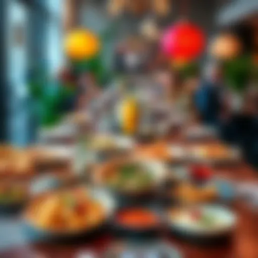 An inviting table set with various vibrant dishes and drinks, showcasing a lively dining atmosphere