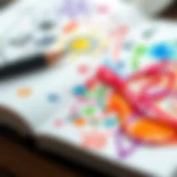 A close-up of colorful doodles and sketches on a sketchbook page, showcasing creative expression through simple drawings.
