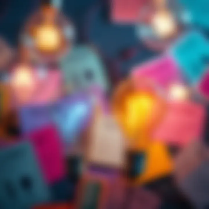 A collection of bright lightbulbs surrounded by colorful fact cards, sparking curiosity and engagement.